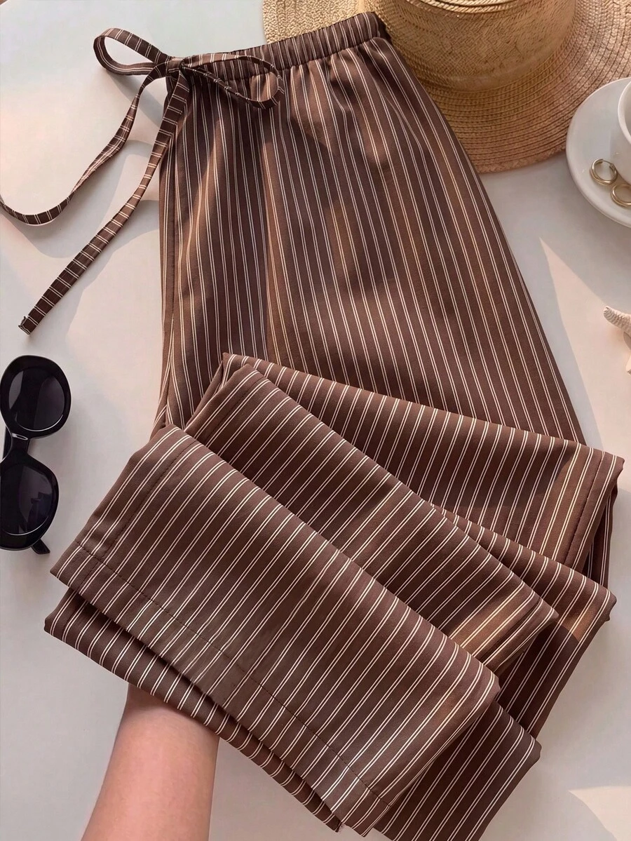 SHEIN EZwear 秋季新款女式休閒極簡棕色條紋腰綁帶直筒長褲,適合秋季,秋季長褲,適合日常通勤、聚會、秋冬/夏季、聖誕節、新年、感恩節、派對、婚禮、海灘、畢業典禮、優雅、外出、約會、通勤、情人節、優雅、度假、Y2K、畢業典禮 - 彩色 - 查看 1