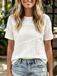 SHEIN LilyWest Women's Round Neck Contrast Lace And Jacquard Fabric Dropped Shoulder Short Sleeve Loose Western Boho Casual Design T-Shirt White Summer Vacation - White - View 7