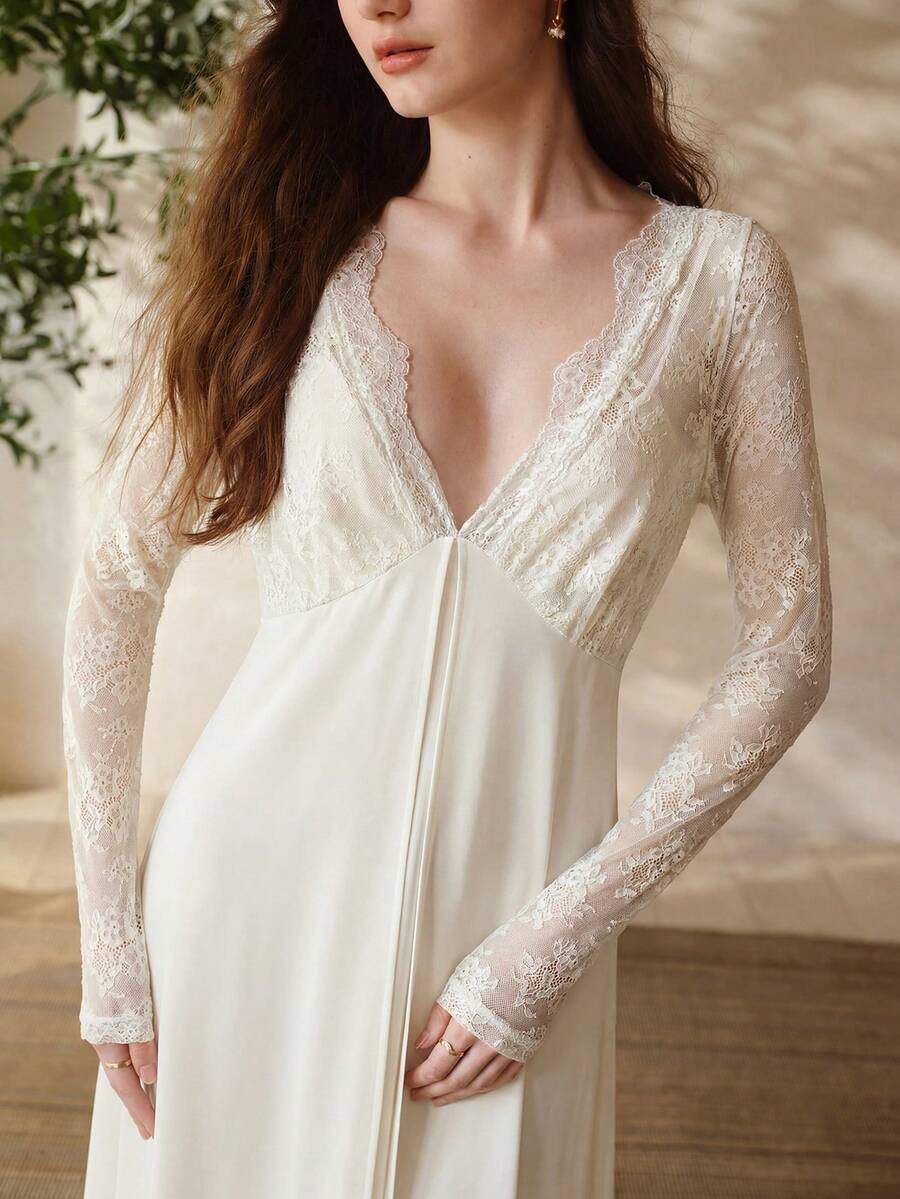 MOTF PREMIUM LACE & SATIN PATCHWORK LONG NIGHTGOWN, SPRING/SUMMER - Apricot - View 2