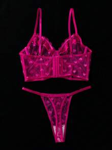 SHEIN 愛心網紗蕾絲鋼圈內衣與丁字褲 2 件組內衣套裝 - 玫紅色 - 查看 2