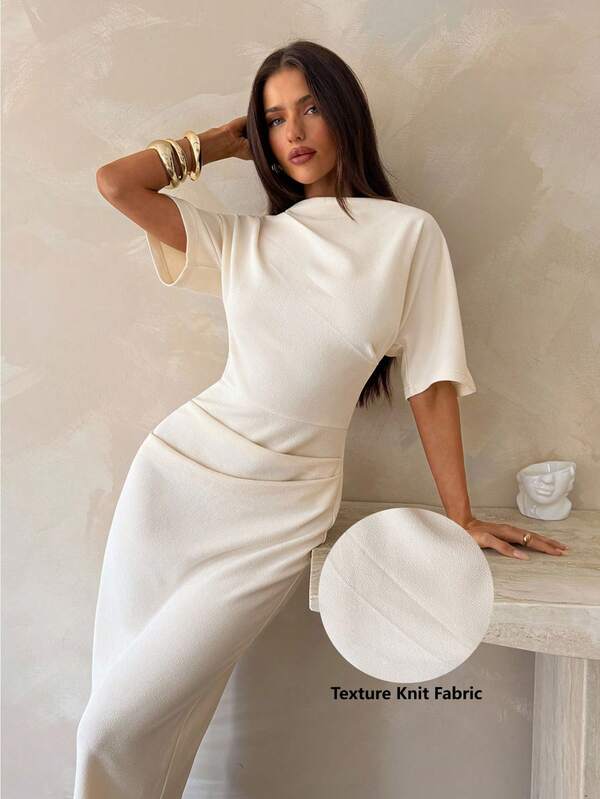 Aloruh New Solid Color Versatile Elegant Intellectual Minimalist Office Commute Ruched Decor Loose Top Tight Skirt Long Sleeve Midi Dress
