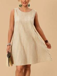Travachic Women's Plus Size Casual Minimalist Versatile Striped Pattern Round Neck Sleeveless Dress, Suitable For Summer - Apricot - View 4