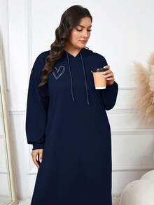 Modelyn 大尺碼抽繩連帽長袖休閒素色端莊阿拉伯風冬季洋裝 - 藏蓝色 - 查看 4