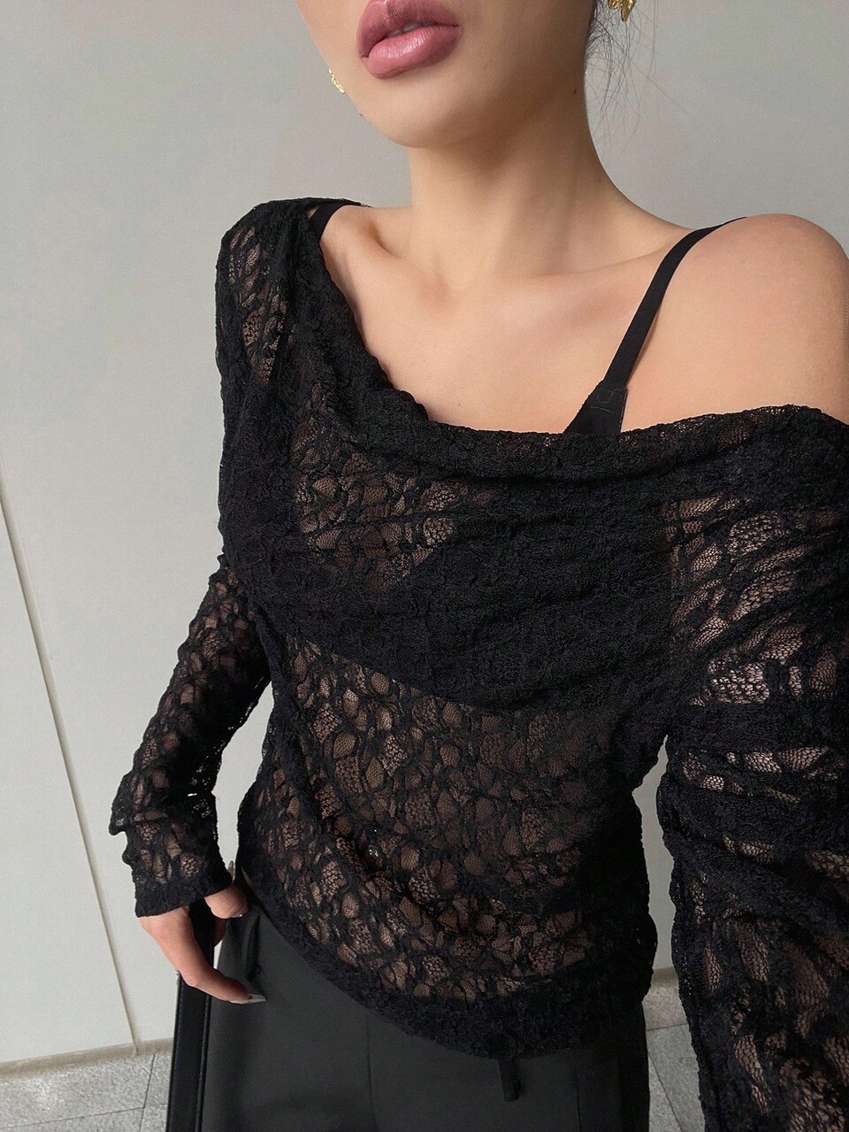 Women's Asymmetric Shoulder Long Sleeve Textured Semi-Sheer Casual Top Fall
