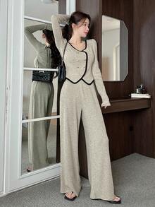 Dazy Tall Setelan Wanita 2 Potong Elegan: Atasan Lengan Pendek dan Celana Panjang Longgar dengan Motif Patchwork Colorblock, Set Pakaian Santai untuk Wanita - Aprikot - View 8