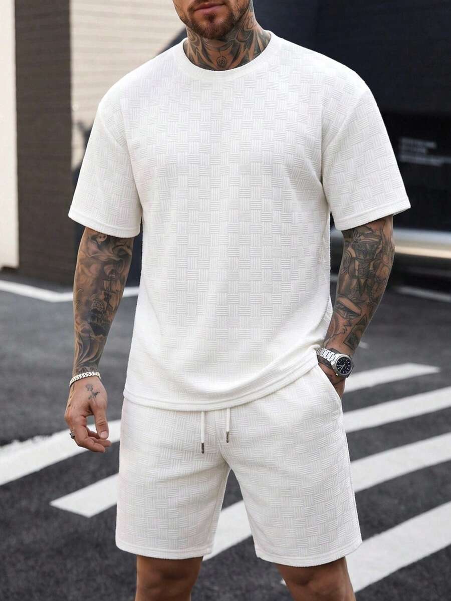 Manfinity CasualCool 男士純色短袖T恤與短褲套裝 - 白色 - 查看 1