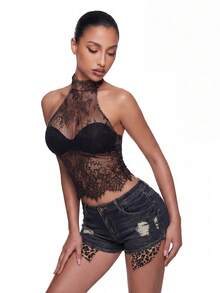 SHEIN ICON Y2k 夏季女款黑色波西米亞風夜店性感蕾絲荷葉邊掛脖透視上衣，適合約會與外出 - 黑色 - 查看 13