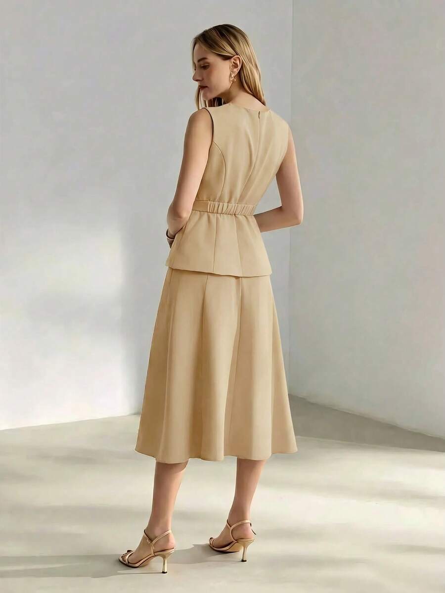 MOTF PREMIUM SOLID PEPLUM WAIST FLARE HEM BELTED DRESS OUTFIT - Khaki - View 2