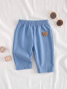 SHEIN 新生兒休閒可愛熊刺繡長褲 春/秋款 - 藍色 - 查看 3