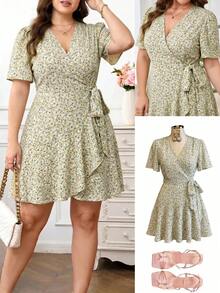 Reflora Plus Size Women's Summer Dress, Elegant Goth Ditsy Floral Dress With Ruffle Patchwork, Short Sleeve, Short Length, Tie Waist, V-Neck Vacation Pastel - Yellow - View 1