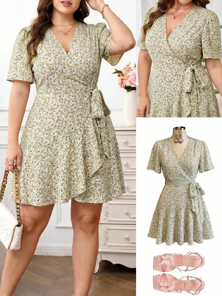Reflora Plus Size Women's Summer Dress, Elegant Goth Ditsy Floral Dress With Ruffle Patchwork, Short Sleeve, Short Length, Tie Waist, V-Neck Vacation Pastel - Yellow - View 1