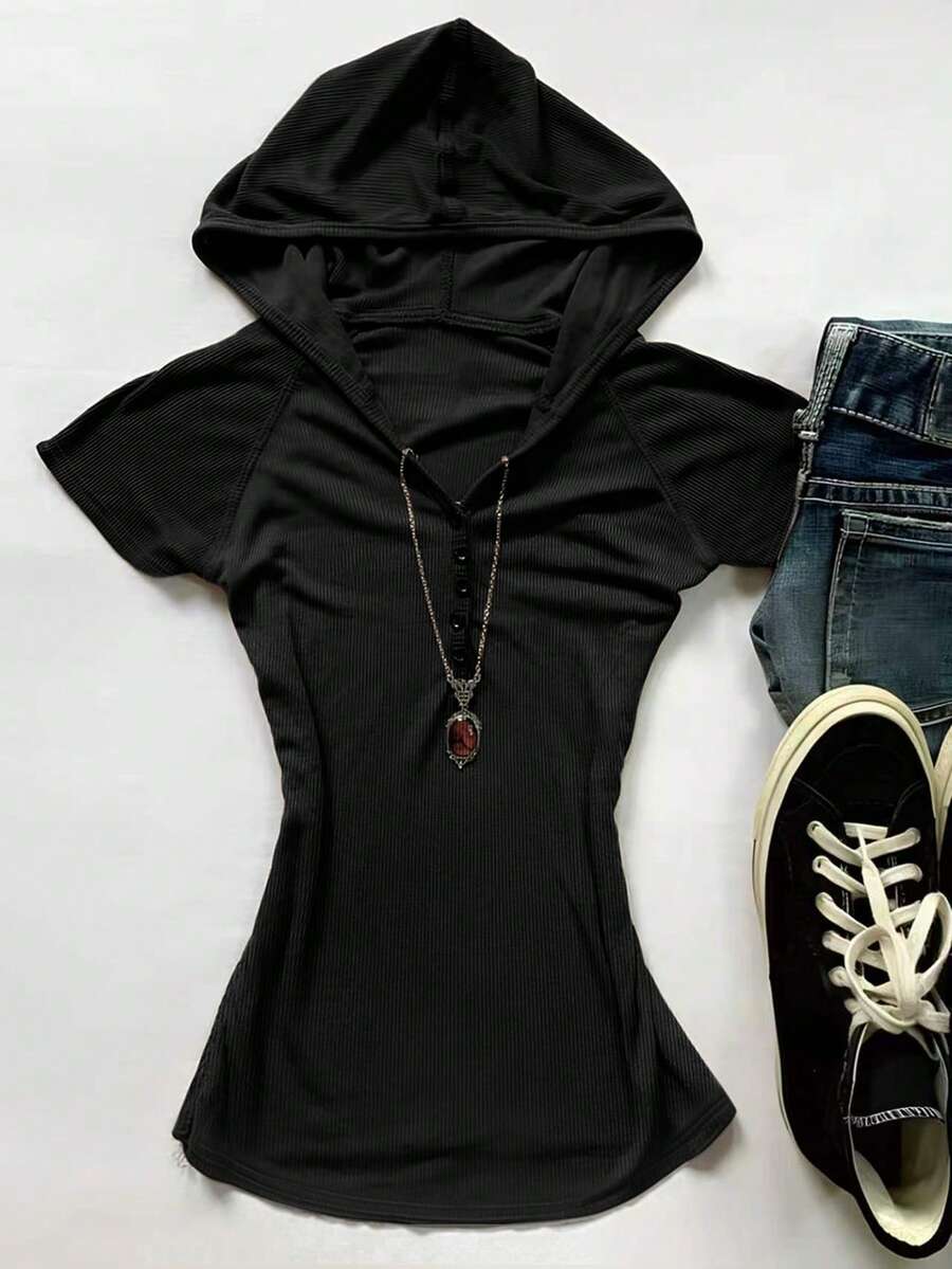 IslaSuriya Kaos Lengan Pendek Kerah Henley Retro Y2K untuk Wanita, Musim Panas - Hitam - View 1