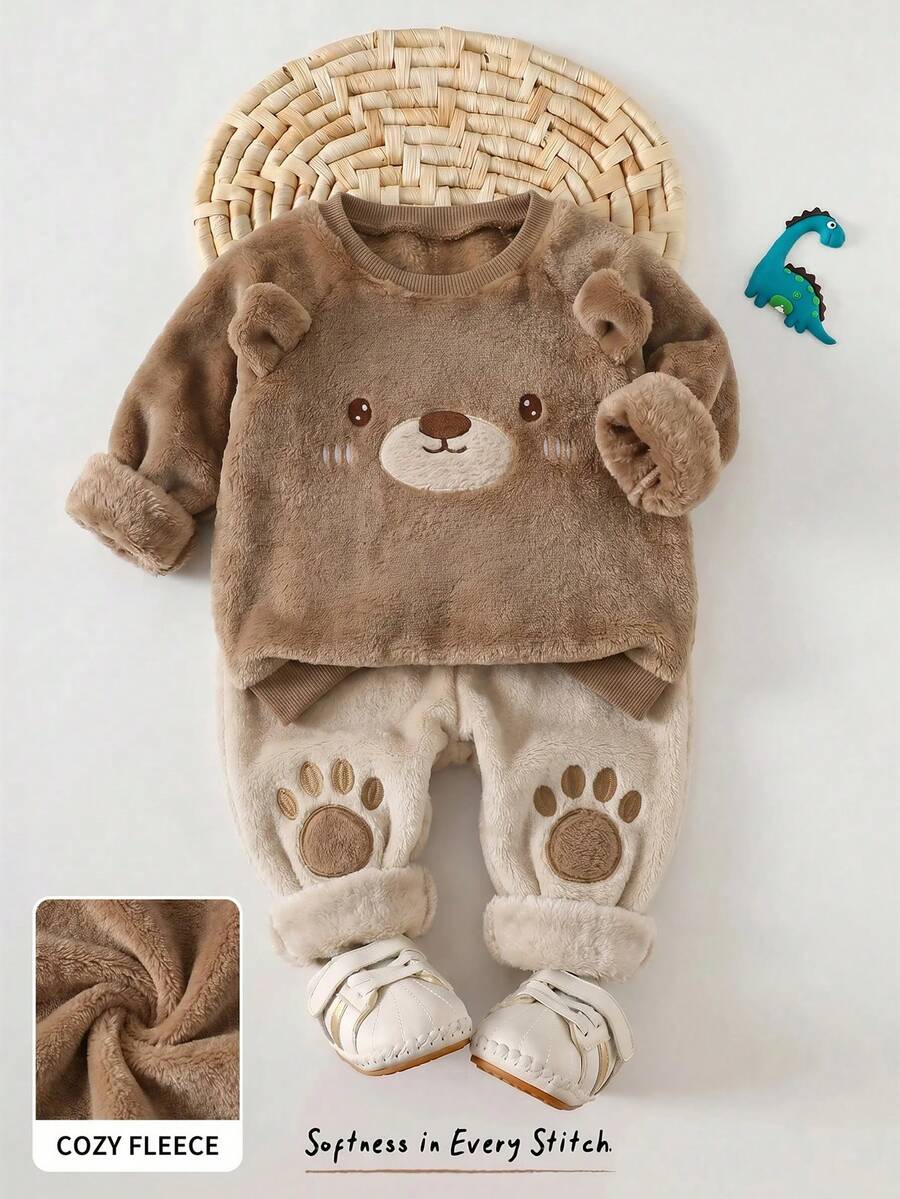 Cozy Pixies 男嬰卡通動物圖案保暖內裡加厚圓領長袖套頭衛衣與鬆緊腰長褲2件套,舒適親膚百搭時尚極簡基礎款,適合室內、戶外、日常、運動、玩耍、派對、拍照、假期、聖誕節,恐龍造型男嬰套裝 - 彩色 - 查看 1