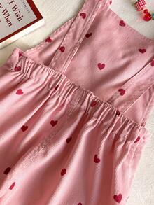 Young Girl Corduroy  Heart Print Bow Decor Jumpsuit Back To School - Baby Pink - View 4