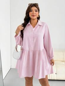 Shapeblank Plus Size Women's Autumn Casual Loose Lightweight Comfortable Slimming Allover White Long Sleeve Button-Up Shirt Dress Teachers' Day Brunch Office - Pink - View 7