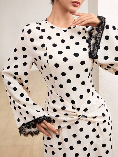 Graceveil Polka Dot Cinched Waist Fashion Lace Trim Elegant Full Skirt Women's Long Dress