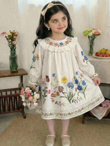 SHEIN LMoss Kids 女童雪纺碎花荷叶边休闲连衣裙 - 白色 - 查看 2