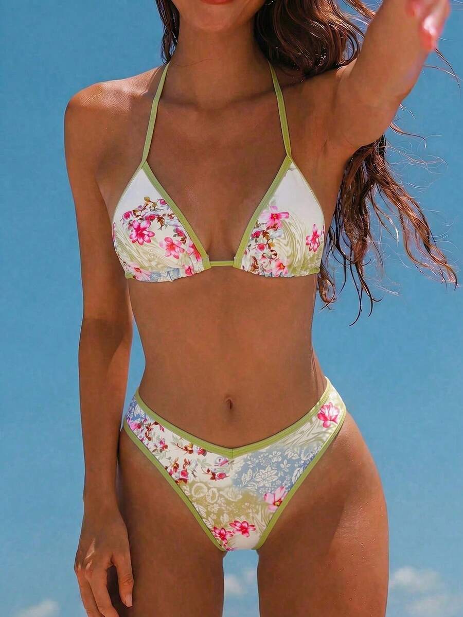 Swim Vcay 2026春夏綠色細可調式肩帶白色底碎花側高衩女款比基尼泳衣兩件套 度假用 - 彩色 - 查看 1