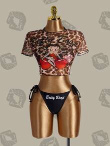 Betty Boop x SHEIN 女款夏季海灘卡通印花掛脖綁帶性感時尚比基尼兩件式泳衣套裝，附豹紋印花罩衫上衣 - 黑色 - 查看 1
