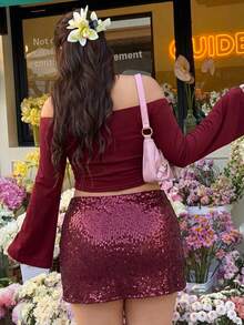 SHEIN EZwear 情人节大码女式露肩荷叶边不对称下摆优雅长袖衬衫 - 酒紅色 - 查看 2