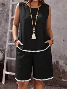 EMERY ROSE 大尺碼對比色蕾絲飾邊背心與口袋短褲兩件套 - 彩色 - 查看 1