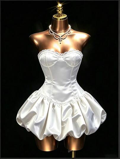 SaltGleam SaltGleam Đầm công chúa ngọt ngào lãng mạn phối ren, satin, chiết eo, gấu phồng