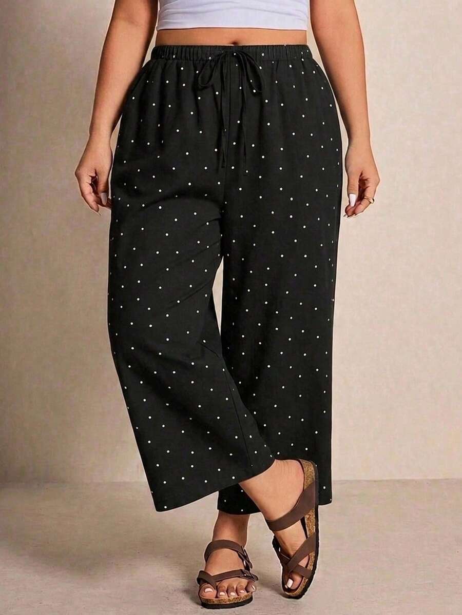 SHEIN Essnce 休閒大尺碼直筒長褲,滿版蝴蝶結與波點印花 - 彩色 - 查看 1