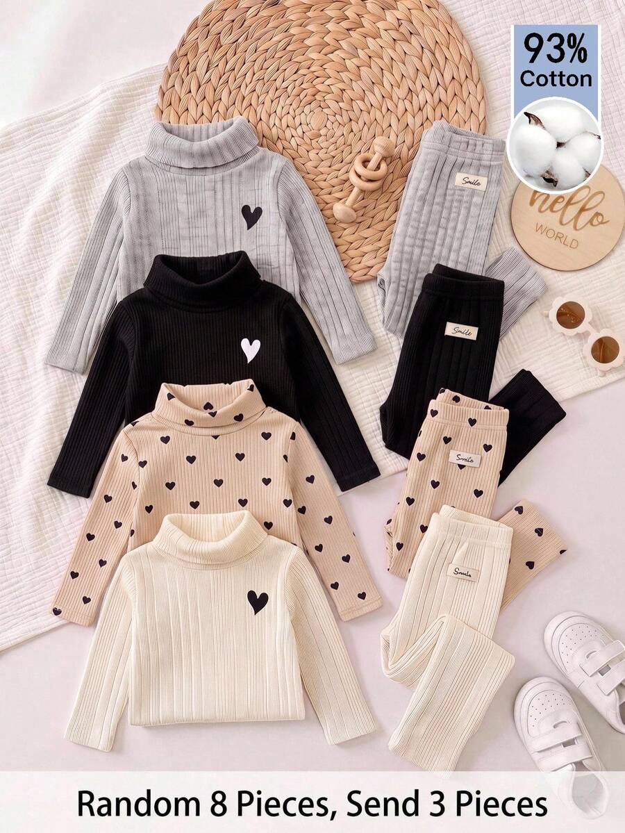 LMoss Kids Baby Girl 3pcs Knit Solid Color Heart Pattern Casual Elastic Comfortable High Neck Base Layer Top Set - Multicolor - View 1