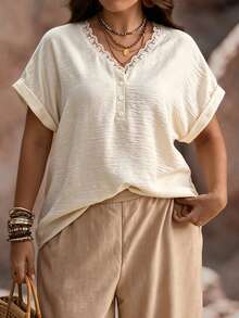 Linhara CURVE Plus Size Women's Solid Color Contrast Lace Trim Short Sleeve Blouse, Summer Casual Loose Fit Shirt - Apricot - View 6