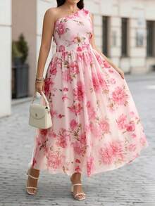 Velvienne Fashionable Elegant Light Pink Women's One-Shoulder Waist-Cinching A-Line Chiffon Printed Maxi Dress Plus Size - Pink - View 7