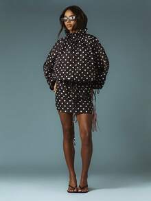 MISSGUIDED X Carli Bybel Polka Dot Shell Drawstring Oversized Jacket With Hood And Zip Closure For Casual Outerwear - Black and White - View 3