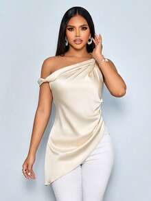 SOLERSUN Women's Summer Satin Asymmetric One Shoulder Twist Knot Ruched Blouse Chic Office Workwear - Apricot - View 5