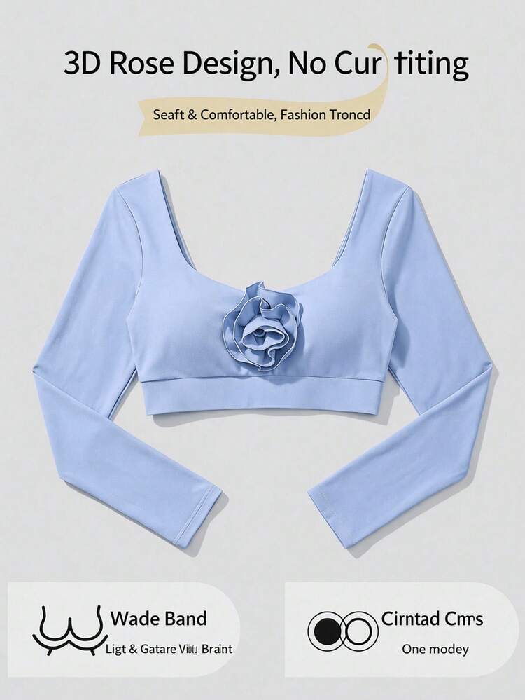 Fluxe Women's 3D Floral Decor Cropped Top & Leggings Set Aqua Blue Cloud Kiss Soft Fabric Athletic Yoga Pilates Going Out Party Minimalist Activewear - Baby Blue - View 4