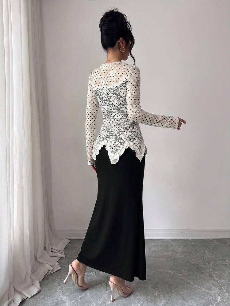 Modelyn Elegant Fashion Polka Dot Black & White Contrast Square Neck Lace Patchwork Button Waist-Cinching Bodycon Midi Dress For Women - Black and White - View 2