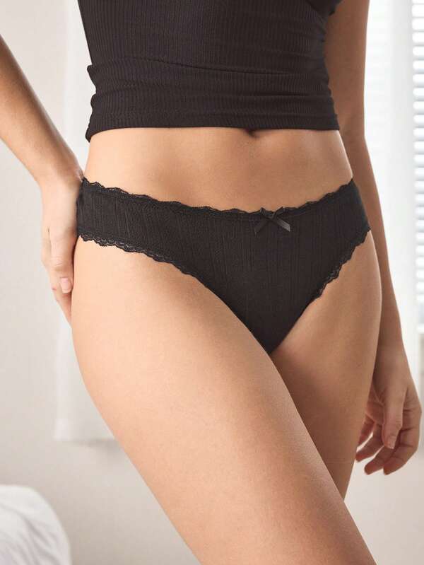 Ocili Quần lót dây thong nữ cotton nguyên chất dệt kim jacquard thoải mái, phối ren tương phản, trang trí nơ