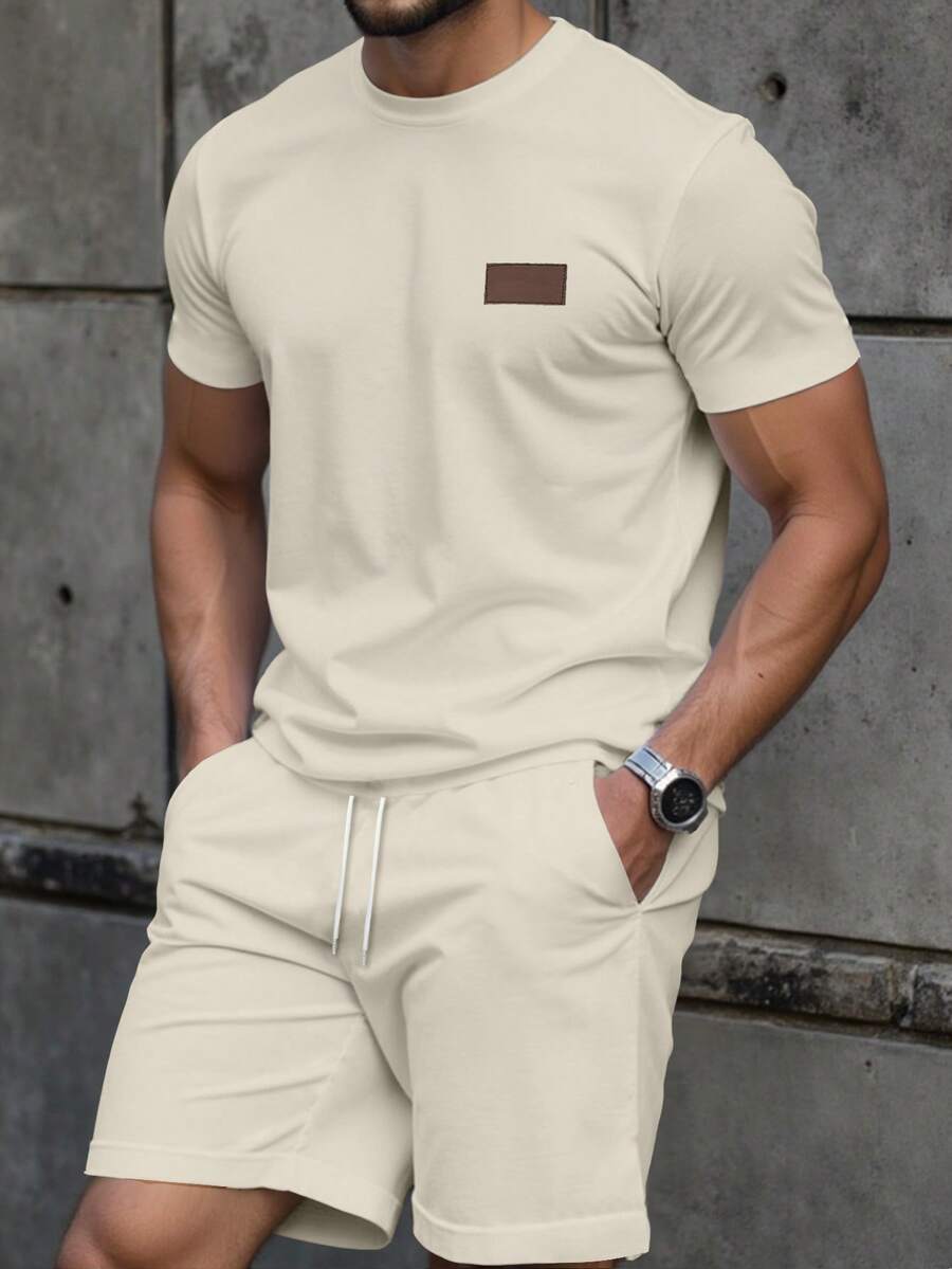 Manfinity Homme Men's Leather Patch Decor Casual Fitted T-Shirt Set - Apricot - View 1