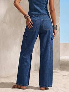 Balvessa Women's Casual Streetwear Versatile Daily Wear Cargo Denim Jeans With Pockets And Buttons Vacation Navy Blue Summer Travel - Dark Wash - View 2