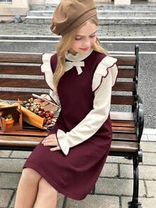 SHEIN Serisse Kids Tween Girl 3D Bow Decor Ruffle Flare Cuff Sweater Autumn Dress - Burgundy - View 4