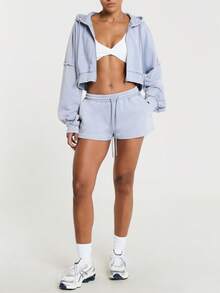 11SKNDS Fleece Mini Sweat Shorts With Elastic Drawstring Waist, Side Pockets, Logo Embroidery, Washed Casual Summer Everyday Lounge Wear - Dusty Blue - View 4