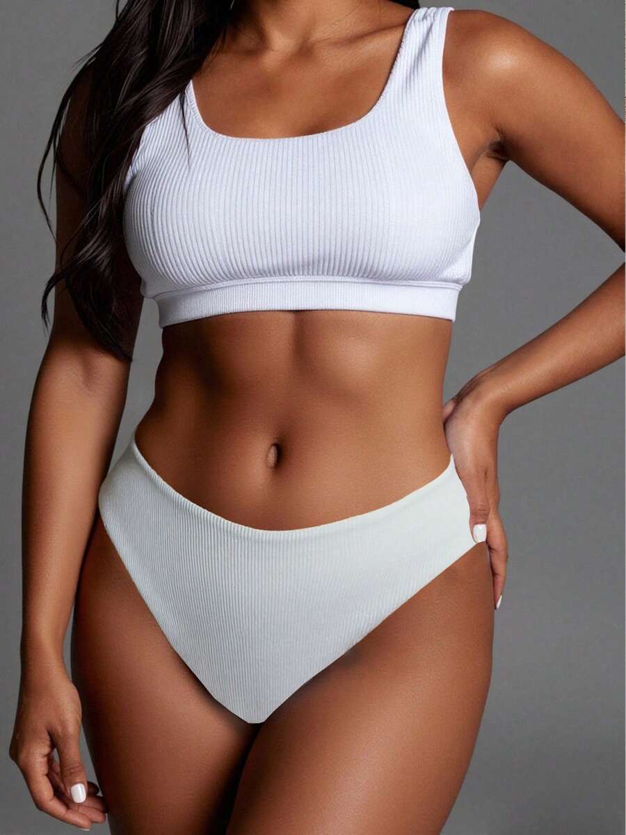 Swim Shayni 大尺碼女款純色條紋紋理布料比基尼泳褲泳裝