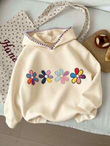 SHEIN 1件青少年女孩刺繡休閒拼色花卉圖案運動衛衣，保暖內裡衛衣，秋冬返校穿搭，時尚百搭，色彩繽紛 - 玫紅色 - 查看 3