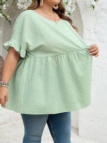 SHEIN CURVE+ Curve Size US22 音樂節、海邊度假、波希米亞 CURVE PLUS / / 女款格紋印花襯衫，適合春夏波希米亞風度假，休閒娃娃風襯衫 - 綠色 - 查看 7