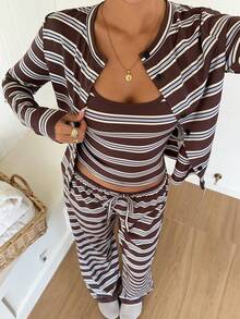 SHEIN EZwear 女款棕色條紋細肩帶背心、長褲與開襟衫休閒法式日常居家居家服旅行套裝，適合秋季早午餐旅行 - 彩色 - 查看 8