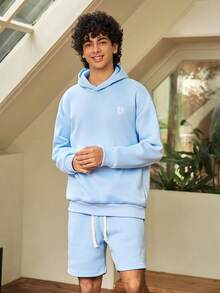 Whitmere Men's Light Blue Solid Hooded Long Sleeve Knit Loose Fit Hoodie Set, Fleece Lined, Casual, Drawstring, Ribbed, Pocket, Spring/Fall/Winter, Sweatsuit Gift For Father/ Husband - Baby Blue - View 5