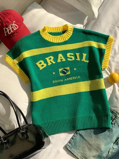 Comfortcana Yellow & Green Color Block Letter Print Crew Neck Short Sleeve Knit Top