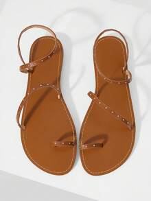 Mnmlis Women's Fashion Simple Texture Rivet Design Flat Sandals - Brown 1 - View 2