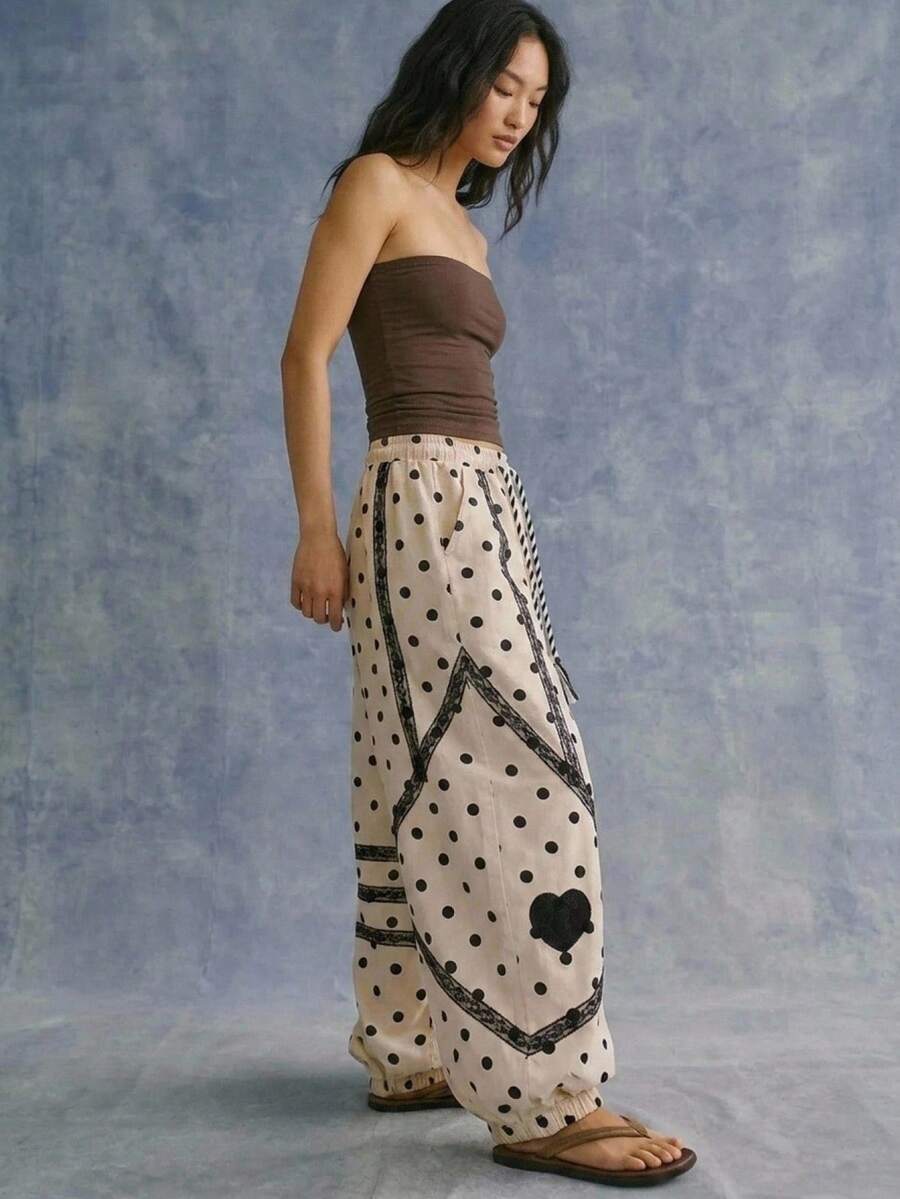 Bohemela 休閒梭織圓點圖案鬆緊束口寬鬆女款長褲 - 白色 - 查看 1