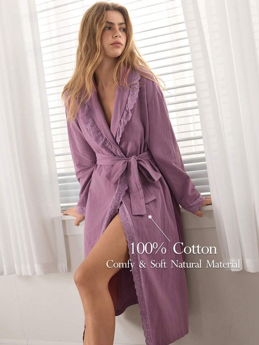 Ocili Women's Solid Color Contrast Lace Long Sleeve Elegant Loungewear Robe - Lilac Purple - View 1