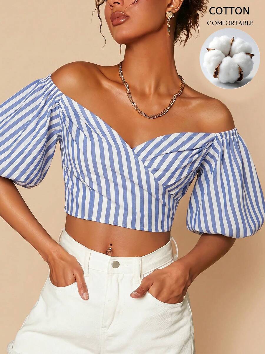 Travachic 女款藍白條紋露肩性感海濱熱帶風花瓣袖上衣,適合外出、鄉村風、早午餐、夏季 - 藍白色 - 查看 1