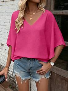EMERY ROSE Blus Wanita Polos Leher V Lengan Kelelawar Kasual untuk Musim Panas - Hot Pink - View 3